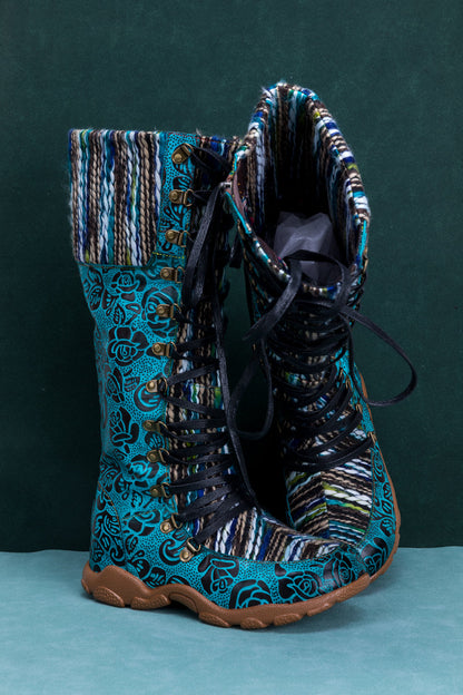 Soffia | Rose Embossed Teal Leather Tie-accent Boot