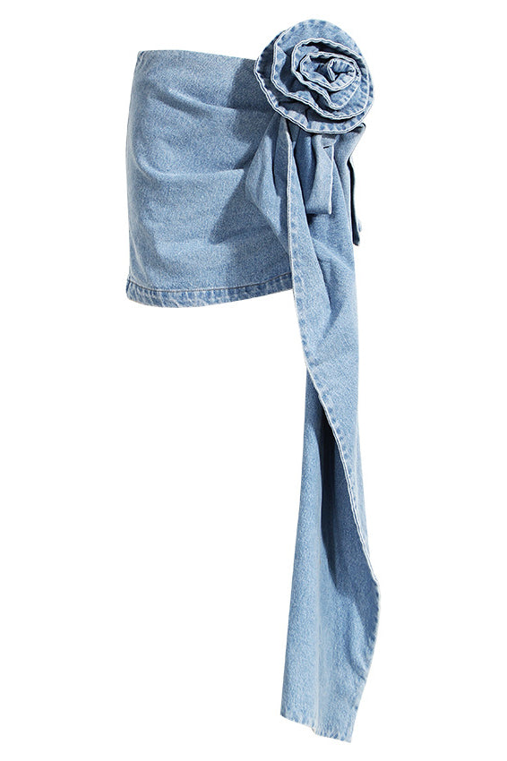 Denim Mini Skirt With 3d Roses