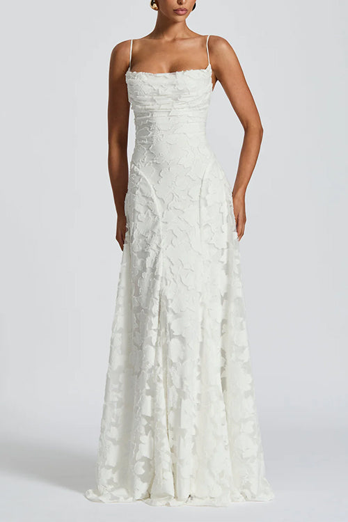 Moxidress Spaghetti Strap Backless Lace-up Jacquard Maxi Dress