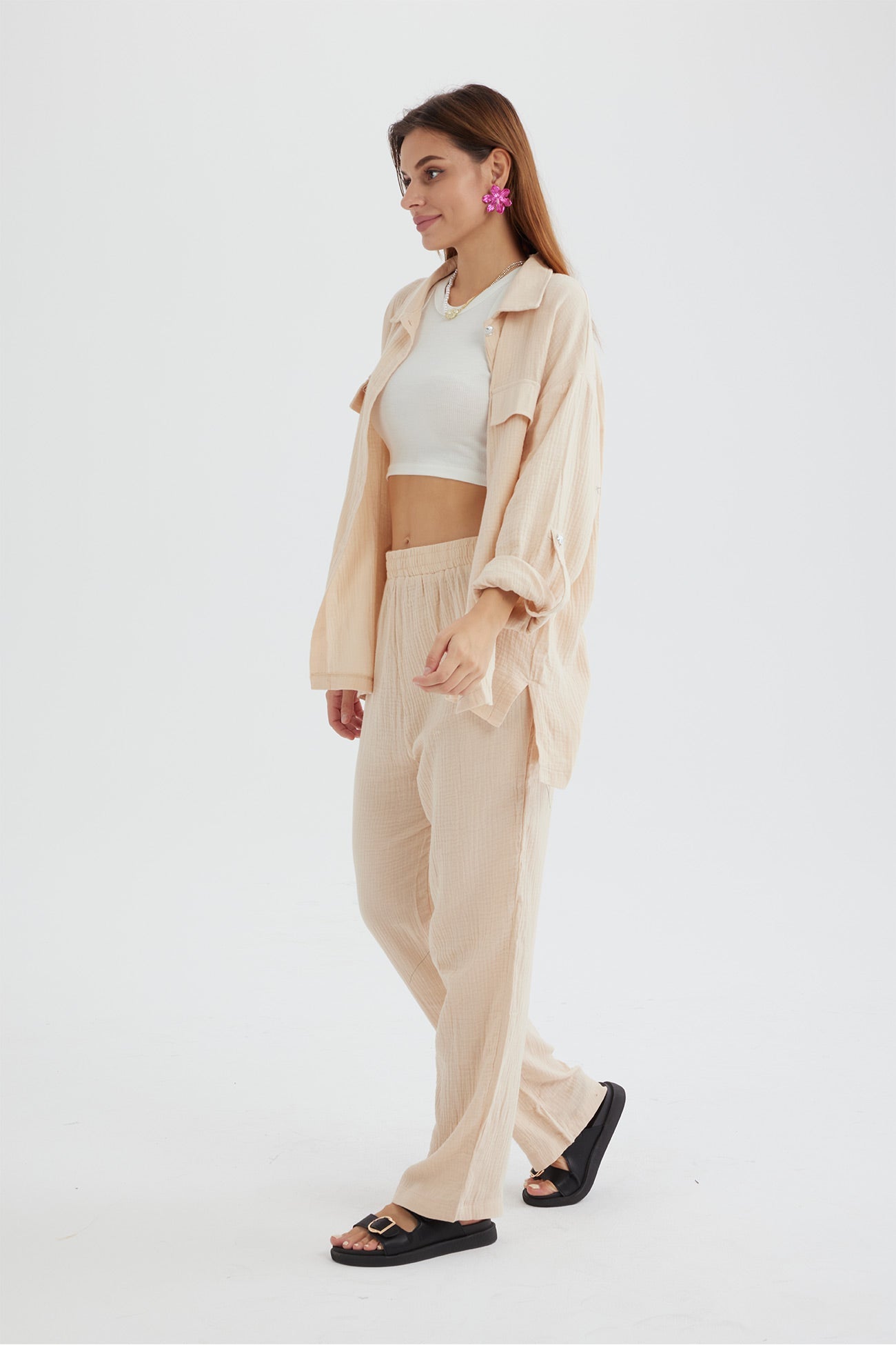 Long Sleeve Pocketed Slit Shirt Long Pants Suits