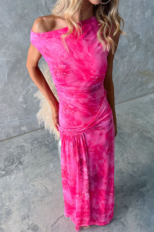 Asymmetric Shoulder Ruched Waist Print Maxi Dress
