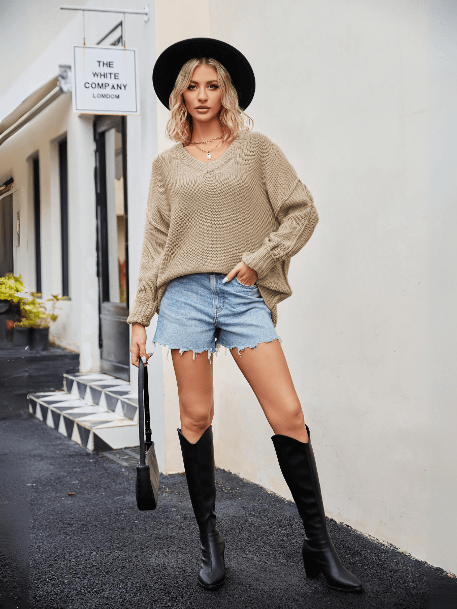 Hughes Heart Neck Knit Sweater - Khaki