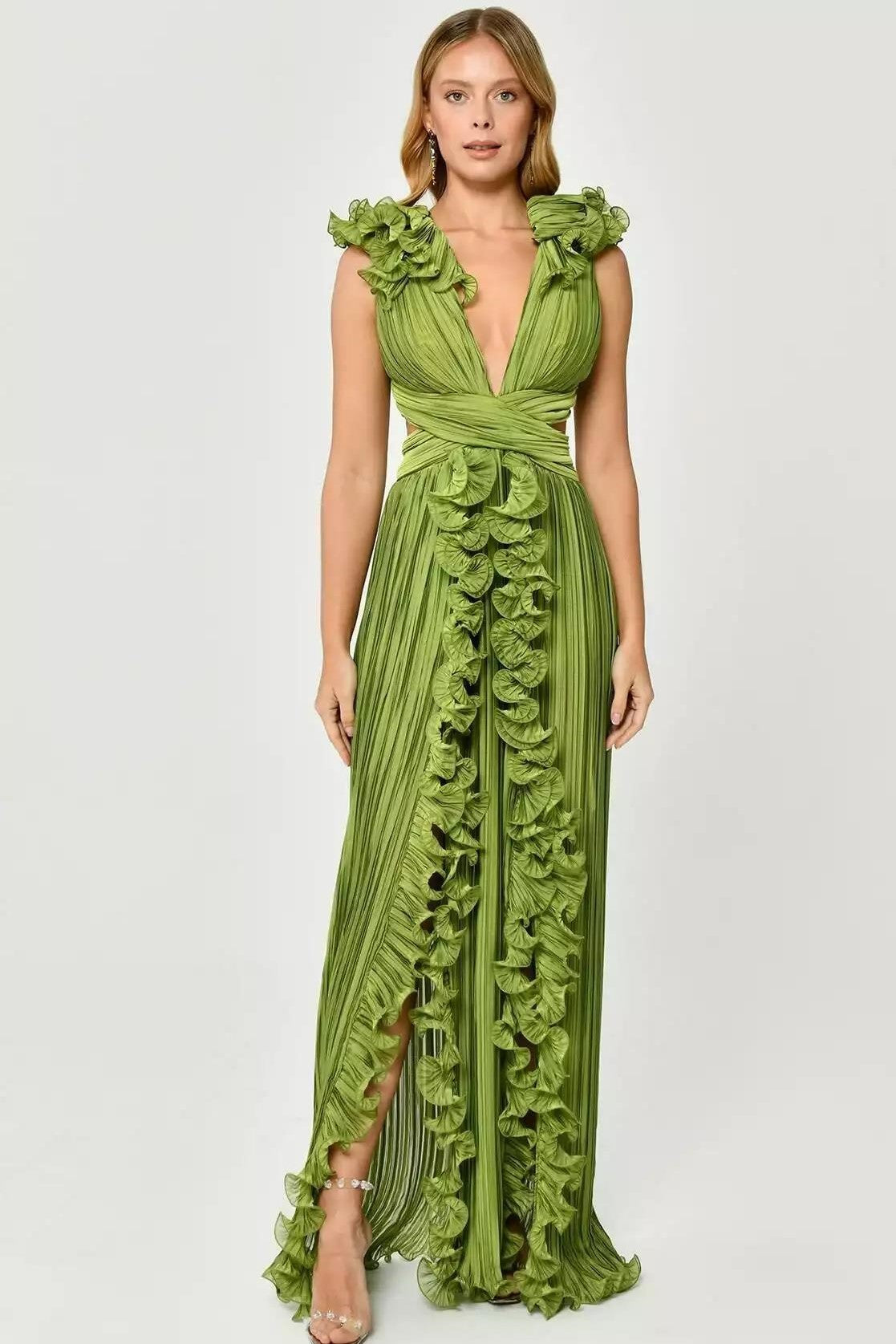 V-neck Cutout Pleated Split Maxi Dress
