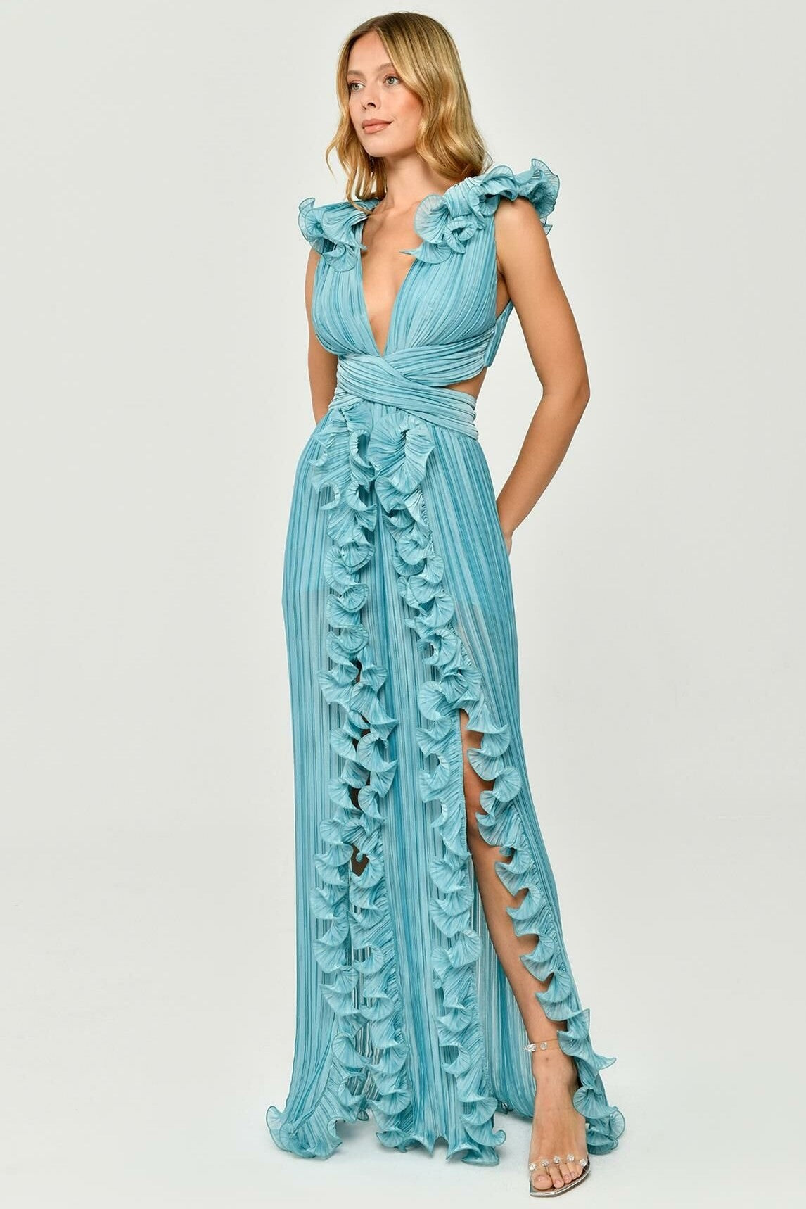 V-neck Cutout Pleated Split Maxi Dress