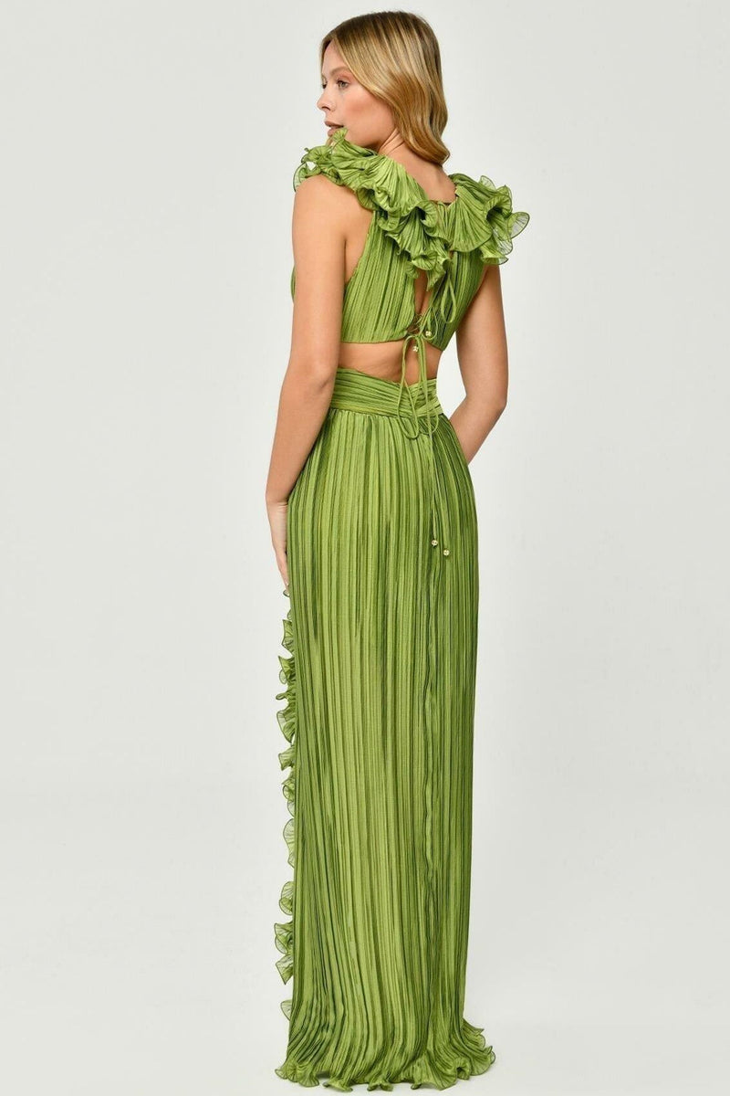 V-neck Cut-out Pleated Split Maxi Dress Green