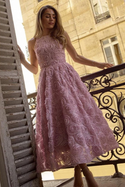3d Sleeveless Midi Dress With Belt