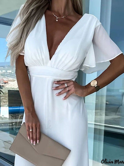 V Neck Mousseline Flutter Sleeve Jumpsuit in White