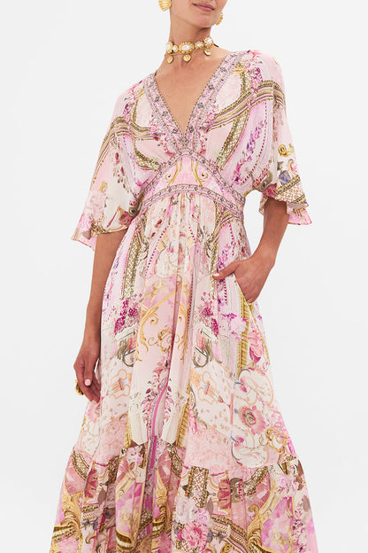 Palace Print Rhinestone V-neck Midi Dress