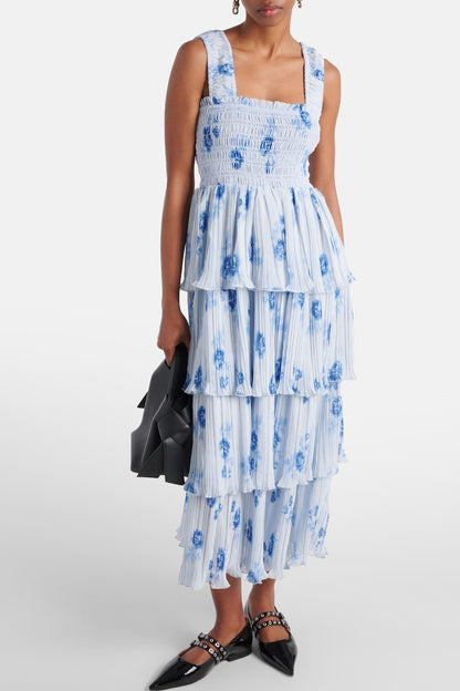 Off-shoulder Frill Smocking Midi Dress
