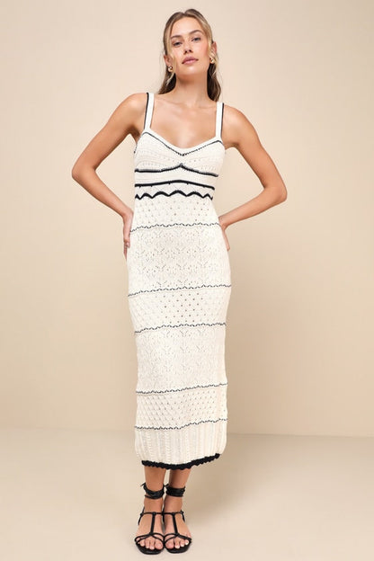 Crochet Sweetheart Neck Split Midi Dress