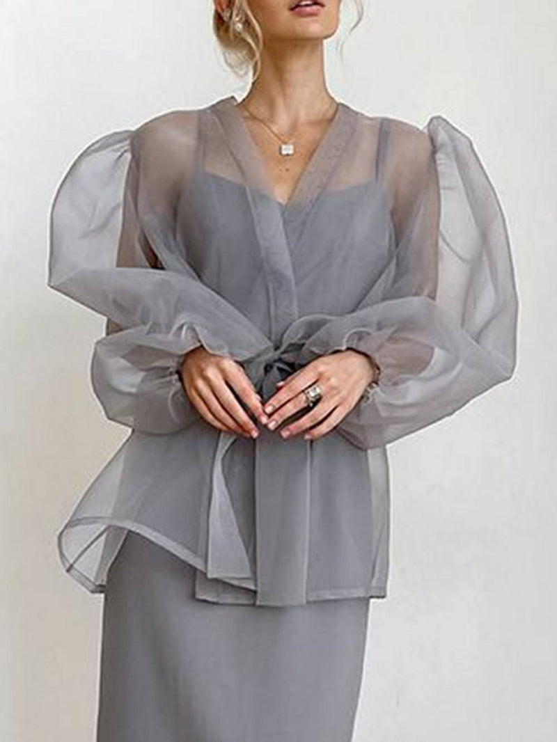 Sheer Top V Neck Long Puff Sleeves Bow Tie Blouse