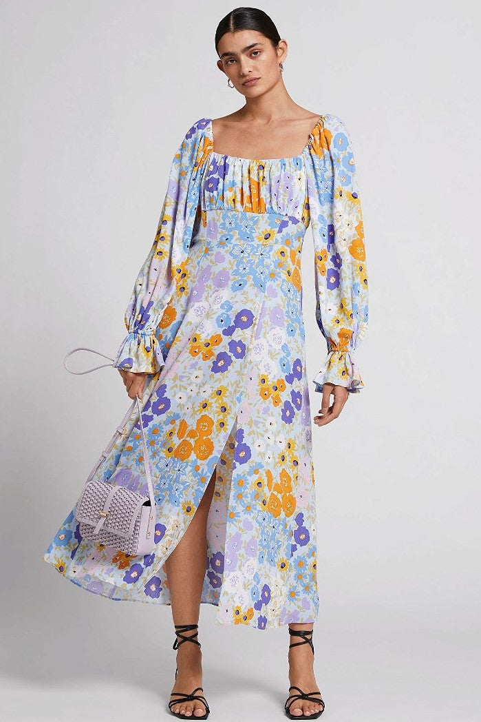 Puff Sleeve Split Midi Dress