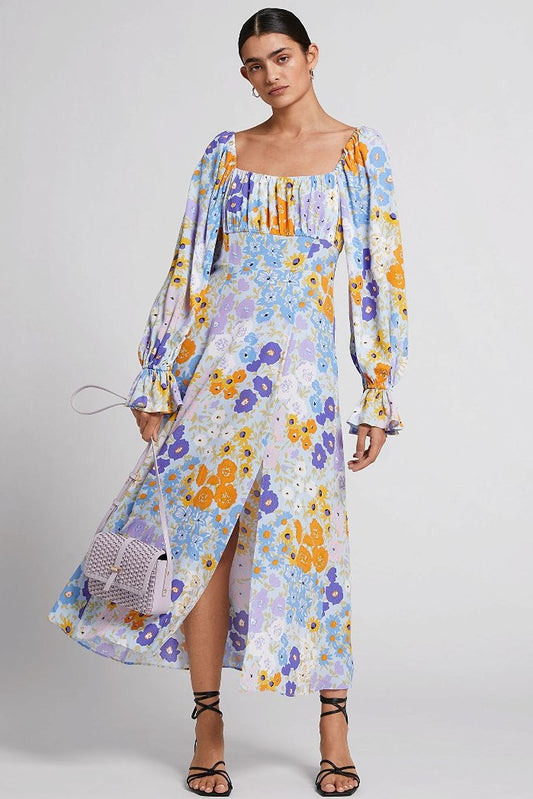 Puff Sleeve Split Midi Dress