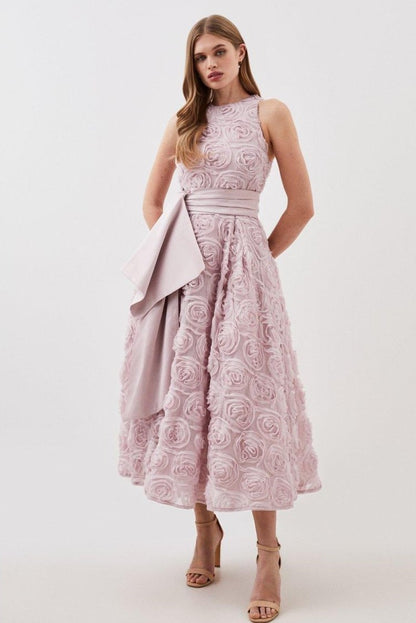 3d Sleeveless Midi Dress With Belt