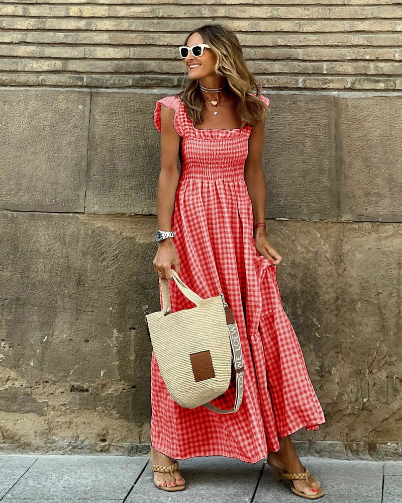 Plaid Ruffled-sleeve Smocked Maxi Dress