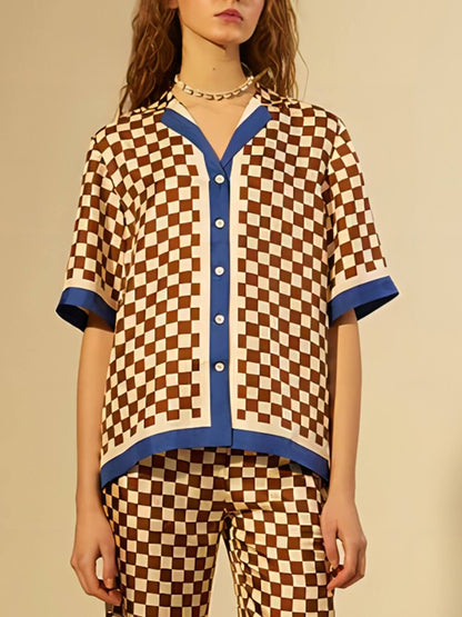 Unique Checkerboard Print Blue Stripe Patchwork Loose Pant Set