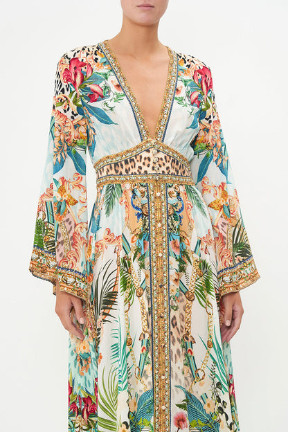 Botanical Print V-neck Long Sleeve Maxi Dress