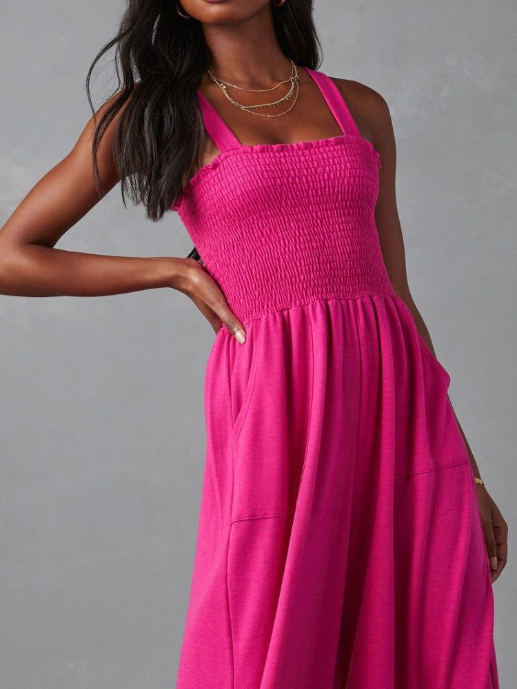 Smocked Pocketed Jumpsuit in Barbie Powder
