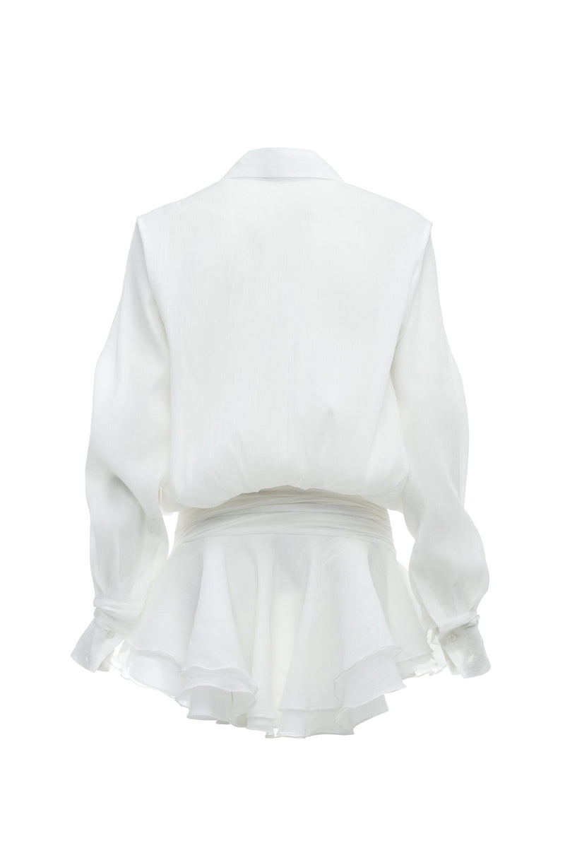 Ember Ruched Ruffle Mini Dress - White