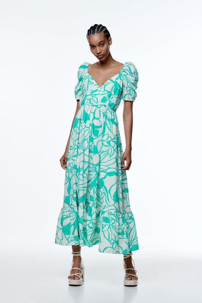 Puff Sleeve V-neck Large Hemline Maxi Dress