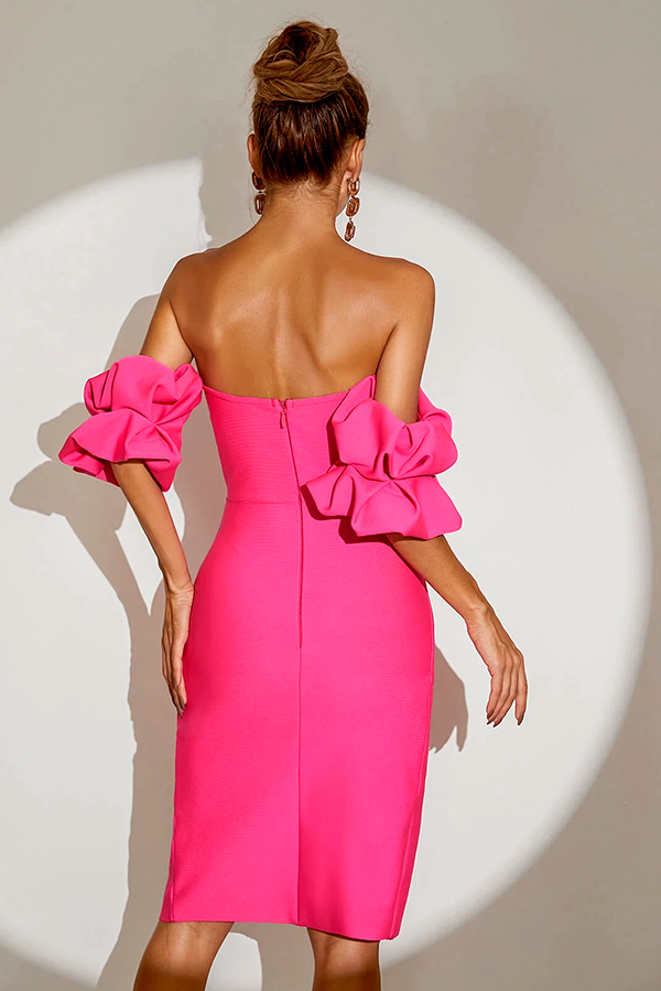 Knit Off-shoulder Pleated Split Midi Dress