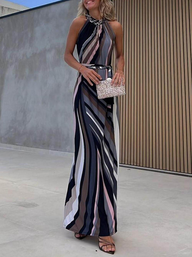 Loose Halterneck Striped Gradient Print Maxi Dress