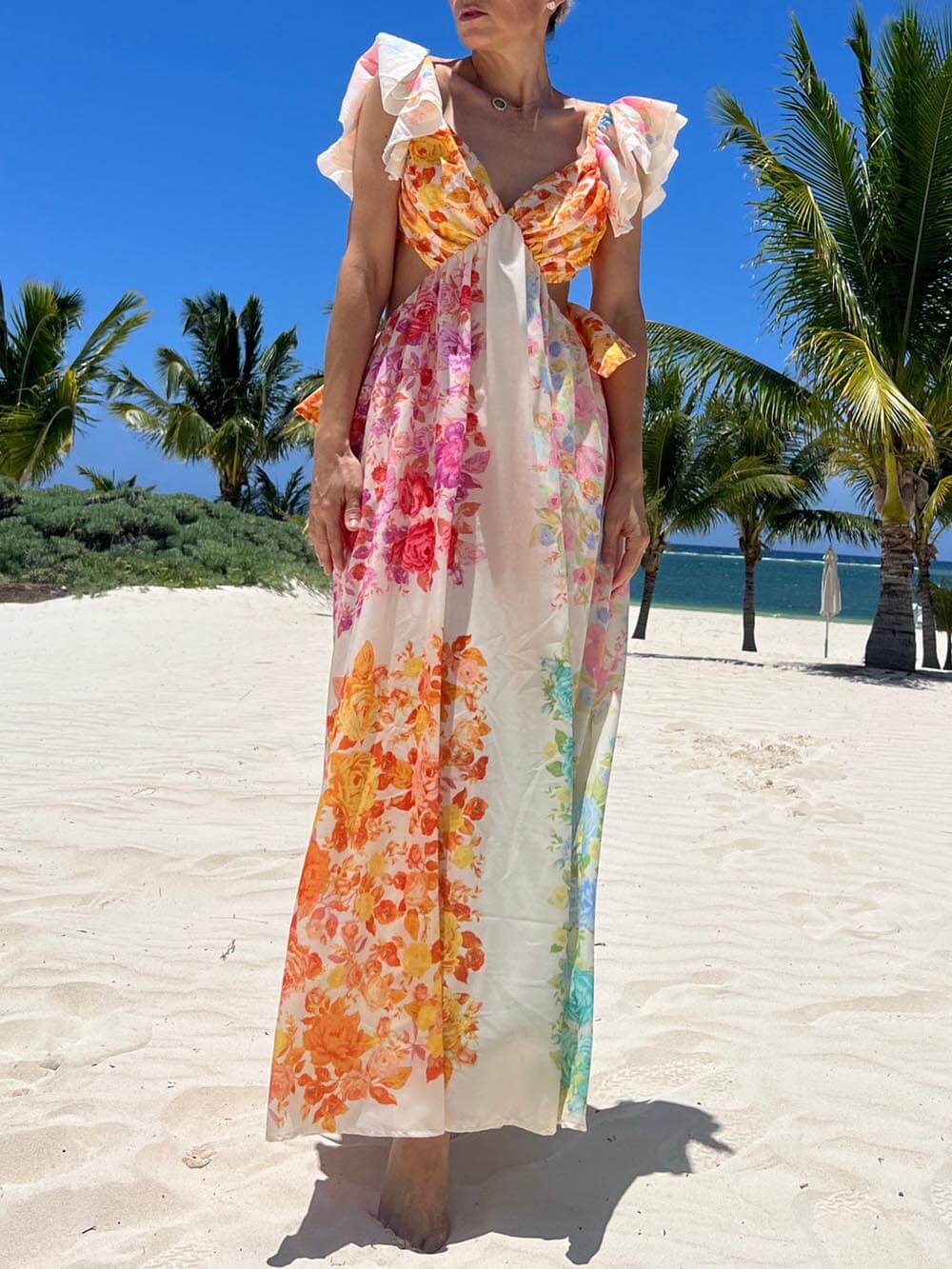Frill Cutout Back Tie-up Maxi Dress
