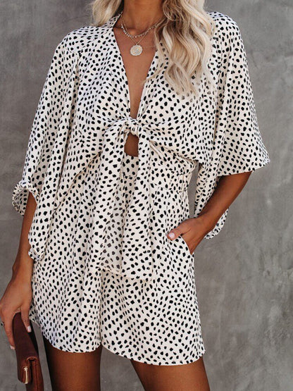 V-neck Polka Dots Printed Pocketed Tie Romper