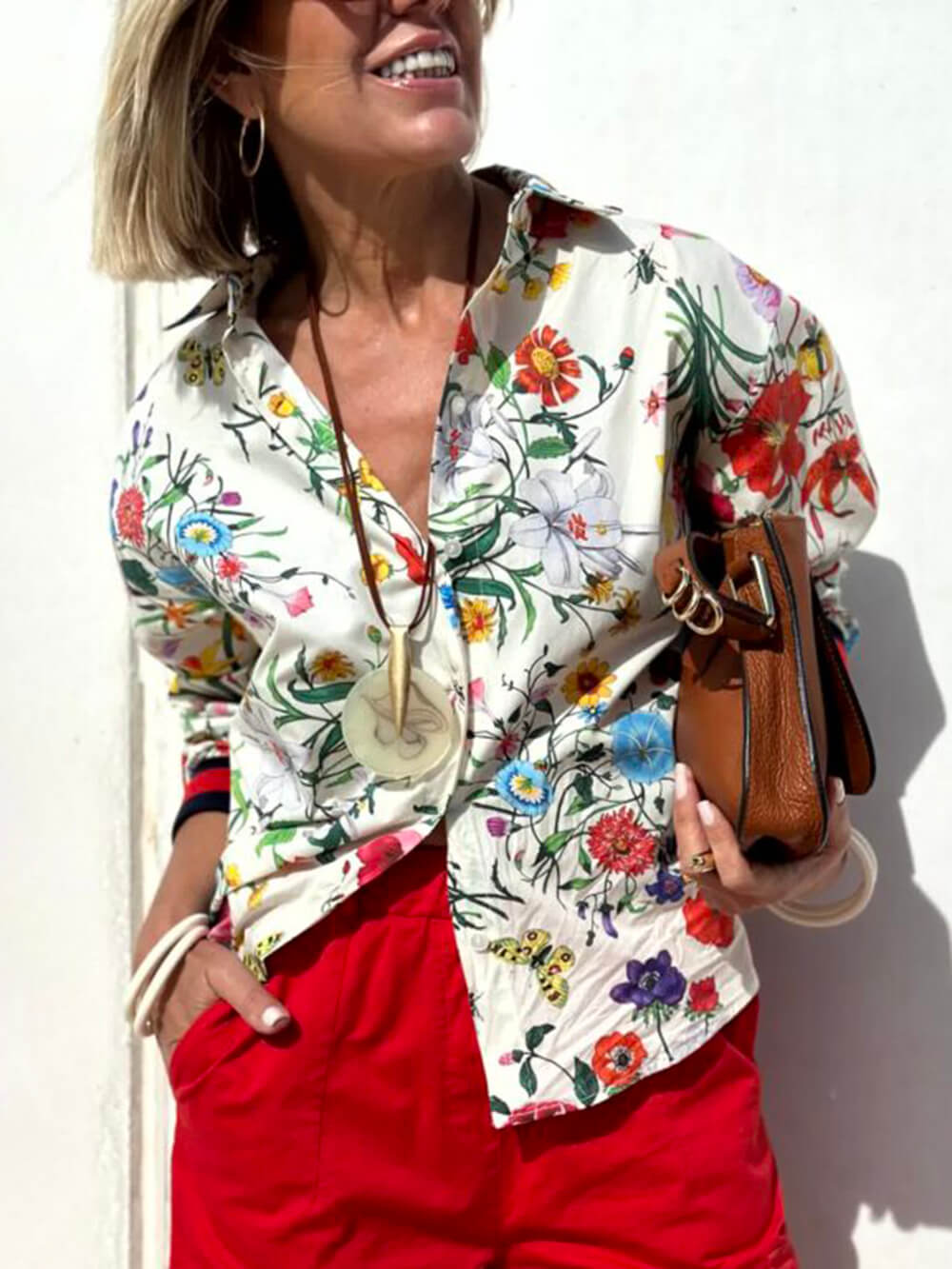 Unique Print Button Down Oversized Blouse