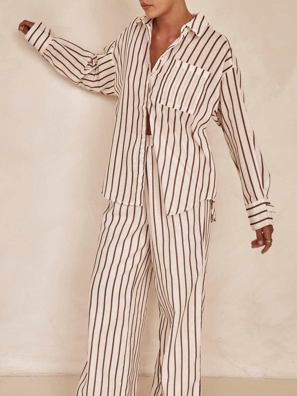 Loose Striped Patchwork Shirt and Wide-leg Pants Suit