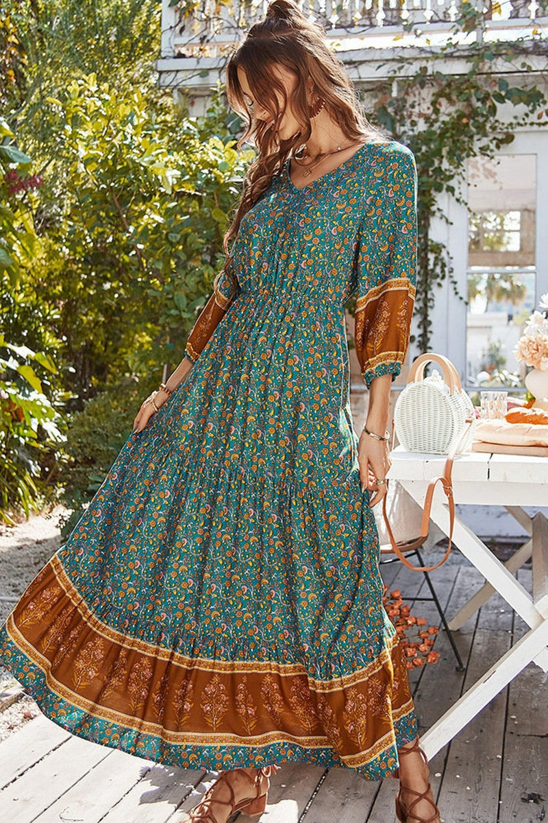 Print Puff Sleeve Loose Maxi Dress