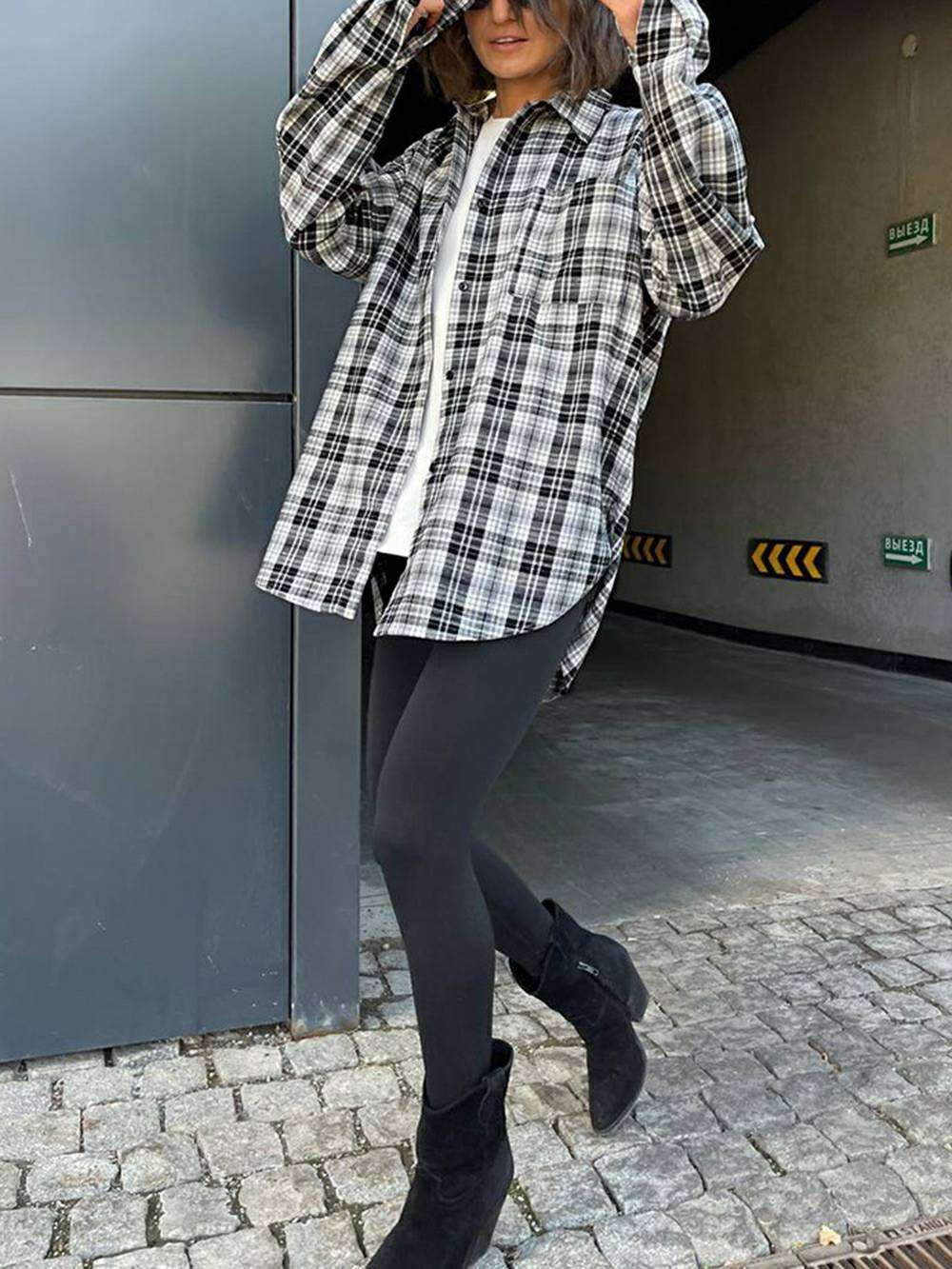 Plaid Blouses Polyester Pocket Blouse Tops