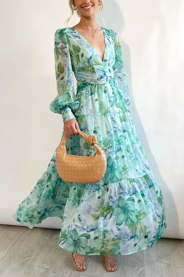 Painted Inspiration Balloon Sleeves Maxi Dress