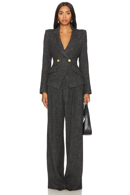 Metal Button Flapped Blazer & High Waist Pants Set
