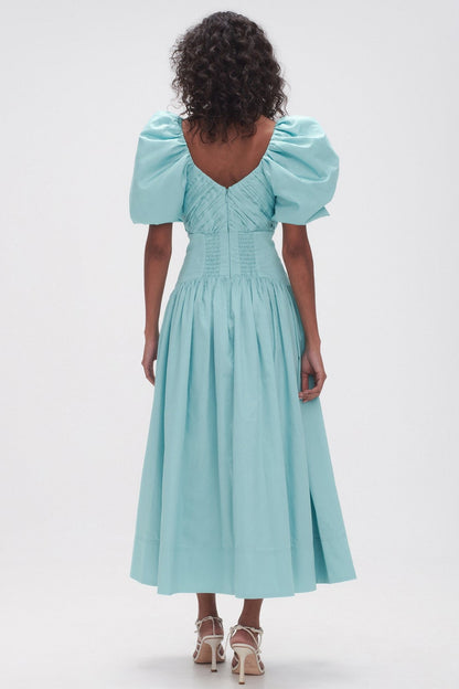 V-neck Pleat Puff-sleeve Midi Dress