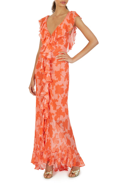 V-neck Chiffon Ruffle Maxi Dress