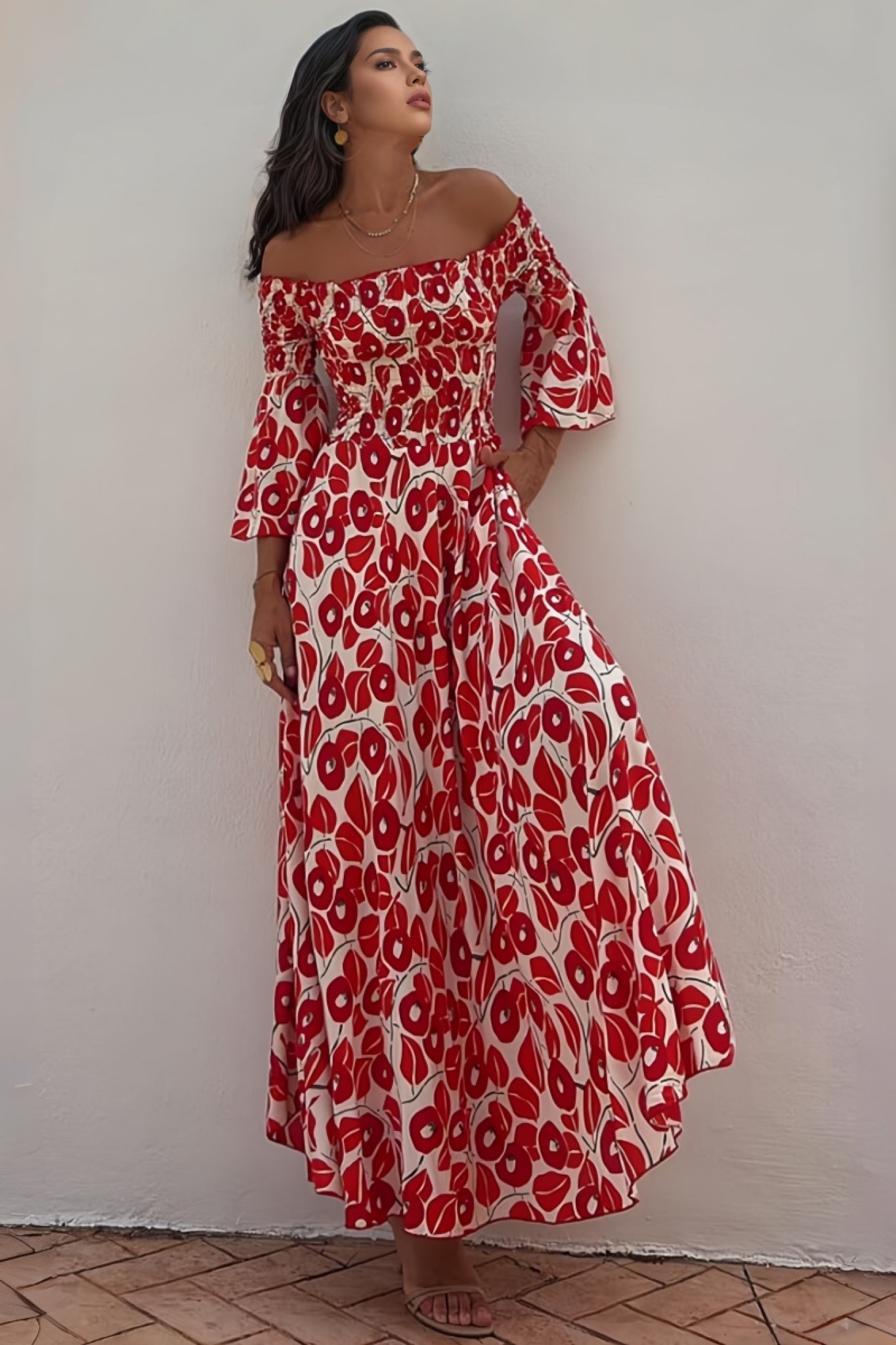 Elerie Print Smocked Off Shoulder Maxi Dress