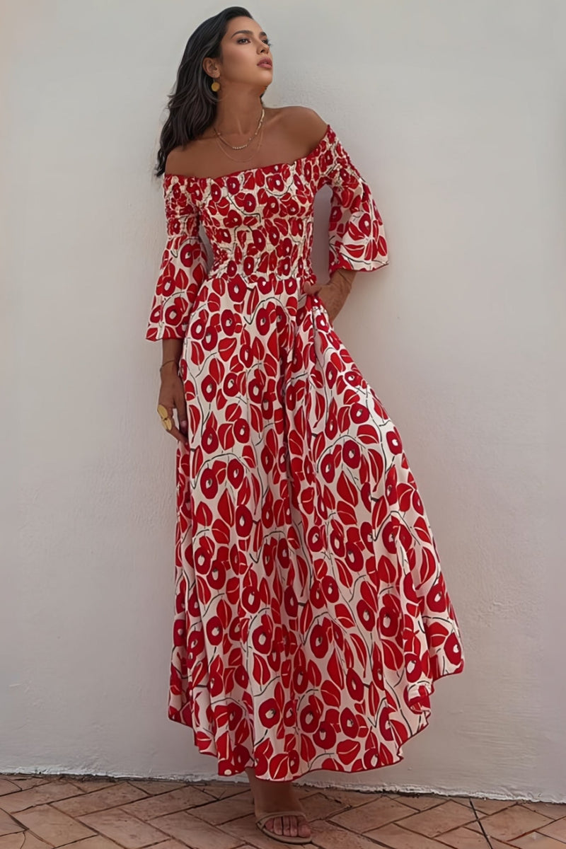 Elerie Print Smocked Off Shoulder Maxi Dress