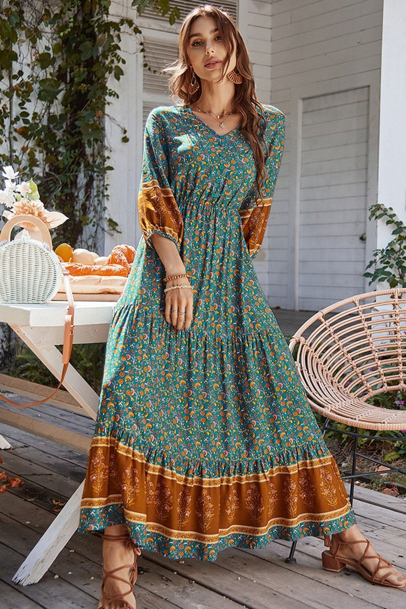 Print Puff Sleeve Loose Maxi Dress