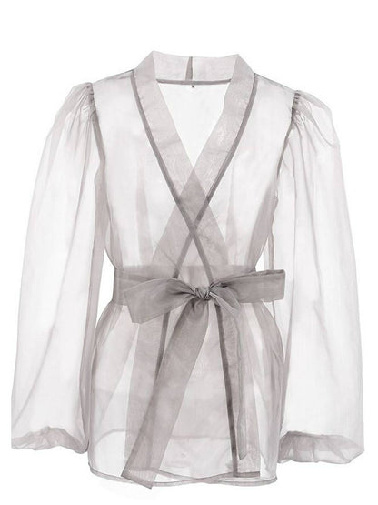 Sheer Top V Neck Long Puff Sleeves Bow Tie Blouse