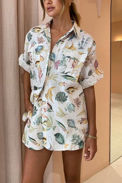 Personalized Fish Print Vacation Short Sleeve Shirt Tie-dye Shorts Set