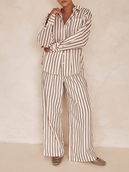 Loose Striped Patchwork Shirt and Wide-leg Pants Suit