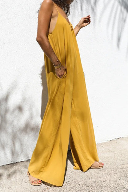 Patchwork Spaghetti Strap Oversized Maxi Jumpsuit in Yellow