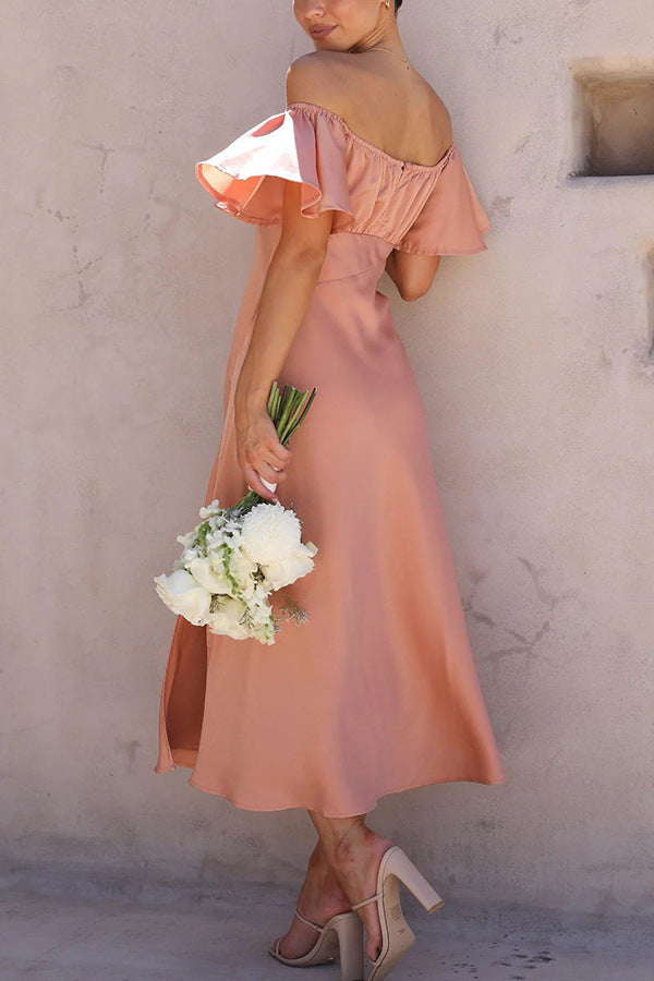 Side Split Midi Dress: Off the Shoulder Flutter Sleeve