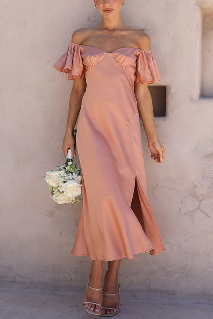 Side Split Midi Dress: Off the Shoulder Flutter Sleeve