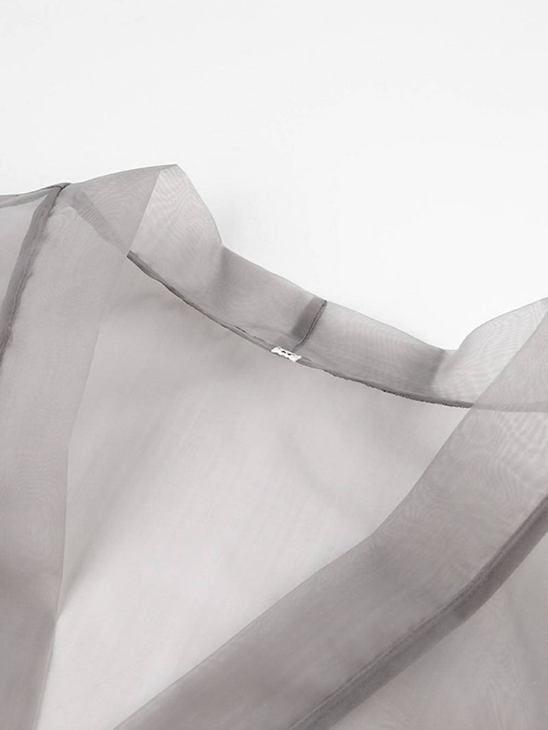 Sheer Top V Neck Long Puff Sleeves Bow Tie Blouse