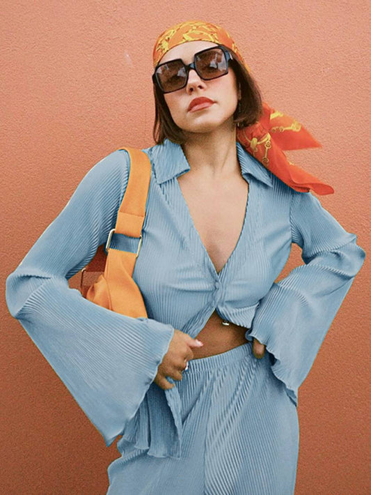 Loose Flared V-neck Pants Set