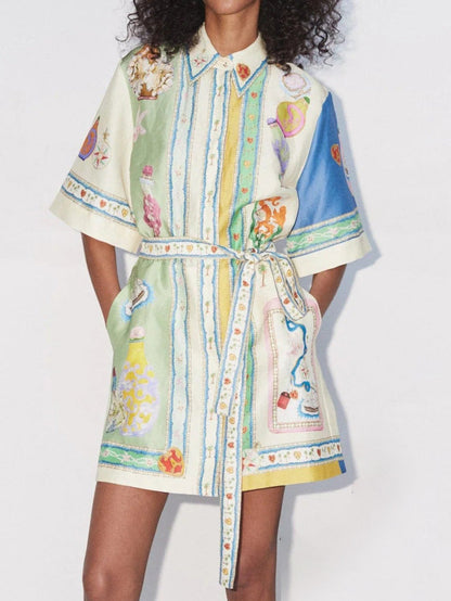 Unique Exquisite Oil Painting Print Lace-up Cardigan Mini Dress