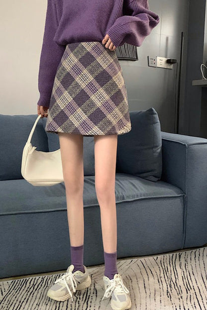 Wool Plaid High Waist A-line Skirt