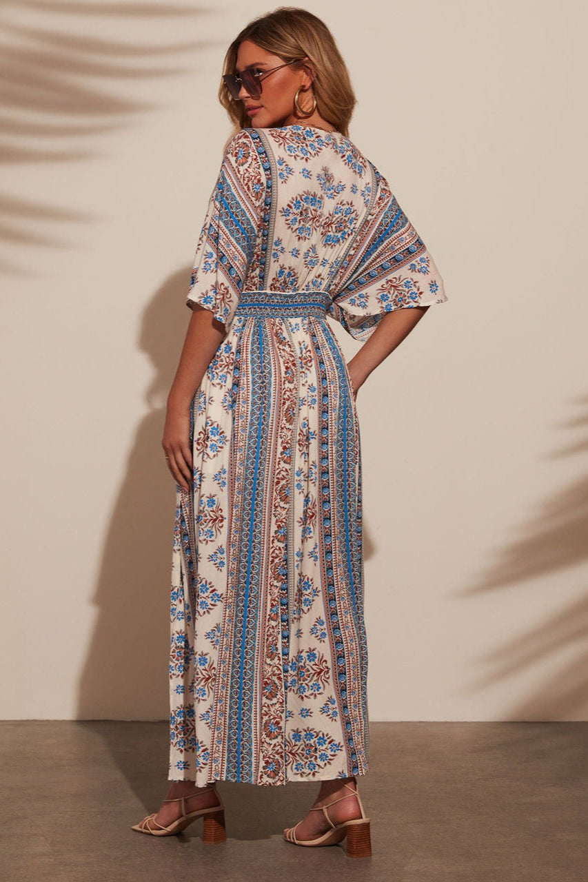 Print V-neck Short Sleeve Maxi Dress